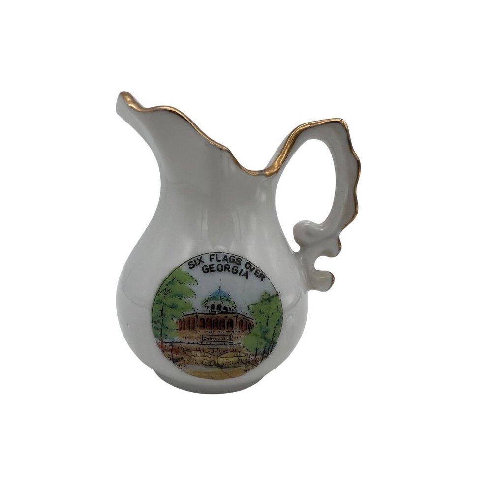 Vintage Six Flags Over Georgia Carousel Mini Creamer Pitcher Gold Trim 3"